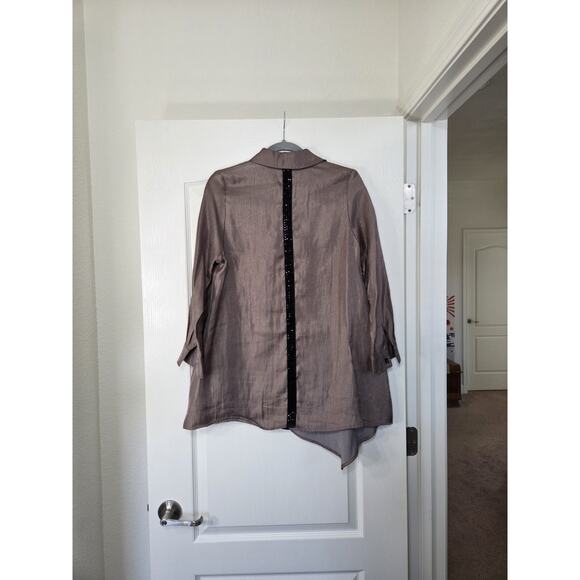 IC By Connie K Elegant Glittery Brown Sequin Trim Asymmetrical Blouse Size Small - Picture 9 of 14